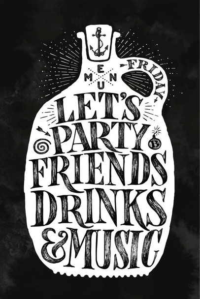 Laminated Lets Party Friends Drinks and Music Vintage Art Print Cool Wall Art Poster Dry Erase Sign 24x36