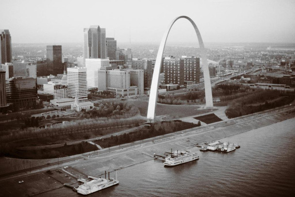 Laminated Aerial View of Gateway Arch and Riverfront Saint Louis Missouri B&W Photo Photograph Poster Dry Erase Sign 36x24