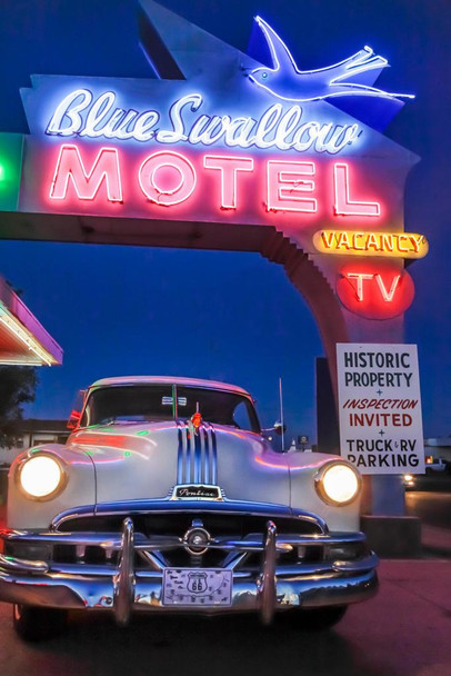 Laminated Vintage Pontiac in Motel Parking Lot at Night Photo Art Print Cool Wall Art Poster Dry Erase Sign 24x36
