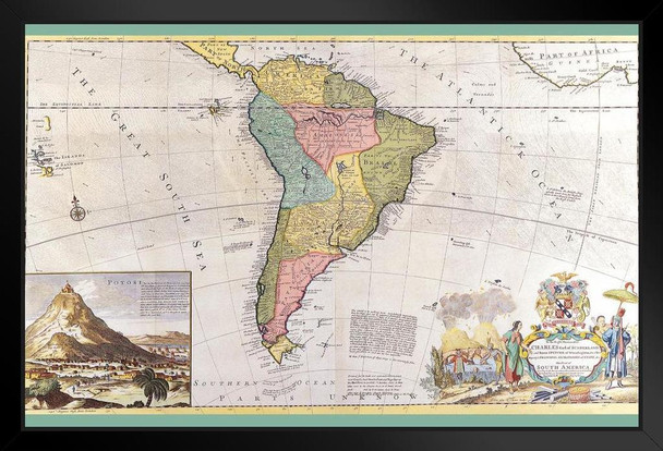 Antique South America Map Potosi Bolivia Vintage 1700s Charles Spencer 3rd Earl of Sunderland Brasil Brazil Peru Countries Black Wood Framed Art Poster 14x20