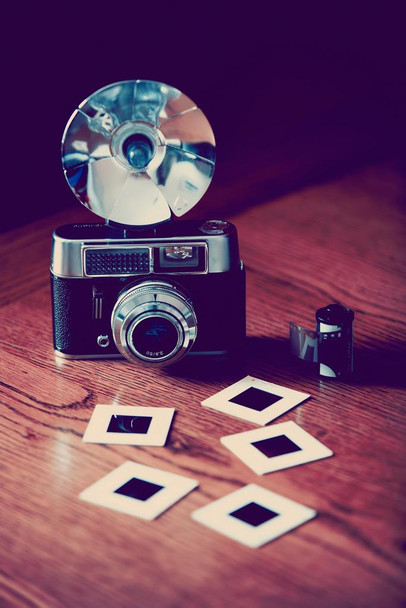 Laminated Old Fashioned Camera with Flash Film and Slides Photo Photograph Poster Dry Erase Wall Art 24x36