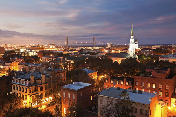 Laminated Savannah Georgia Skyline with Talmadge Memorial Bridge at Sunset Photo Art Print Cool Wall Art Poster Dry Erase Sign 36x24