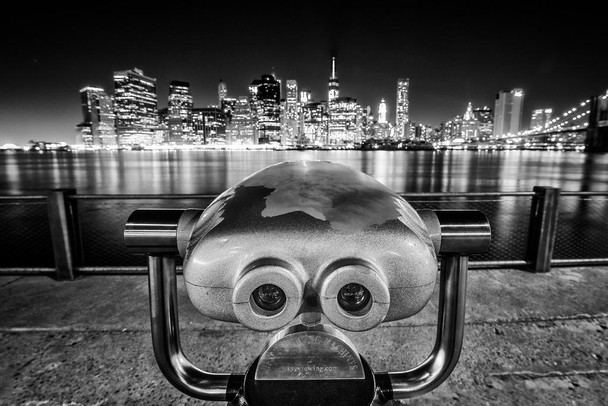 Laminated New York City NYC Skyline from Brooklyn Coin Operated Binoculars Photo Art Print Cool Wall Art Poster Dry Erase Wall Art 36x24