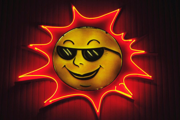Laminated Glowing Sun Wearing Shades Sunglasses Illuminated Neon Photo Art Print Poster Dry Erase Wall Art 36x24