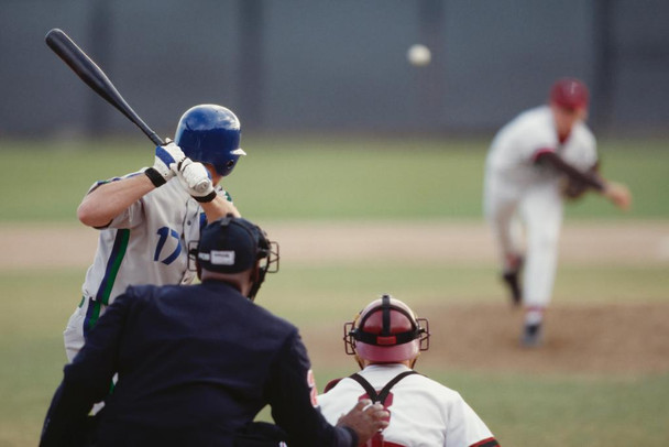 Laminated Baseball Pitcher Pitching Ball Toward Batter Photo Art Print Poster Dry Erase Wall Art 36x24
