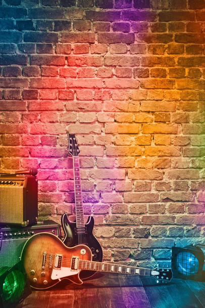 Laminated Colorful Spotlights on Brick Wall Music Stage with Instruments Photo Art Print Poster Dry Erase Sign 24x36