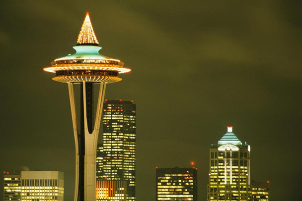 Laminated Space Needle Seattle Washington Skyline at Night Photo Art Print Poster Dry Erase Wall Art 36x24