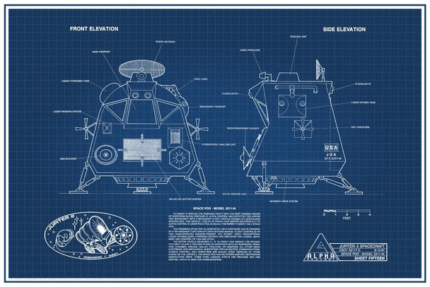 Laminated Lost In Space Space Pod Blueprint Poster Dry Erase Wall Art 24x36
