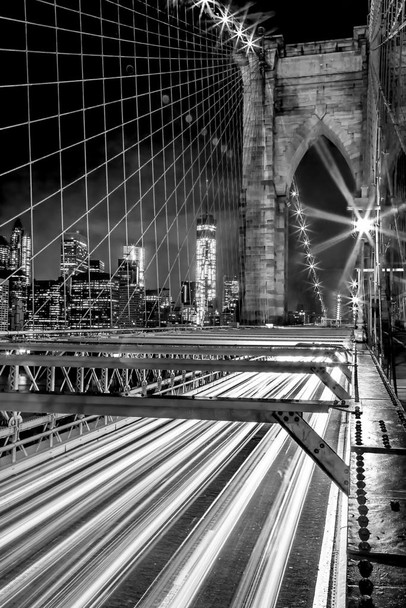 Laminated Brooklyn Bridge New York City Skyline At Night Black And White Photo Art Print Poster Dry Erase Wall Art 24x36