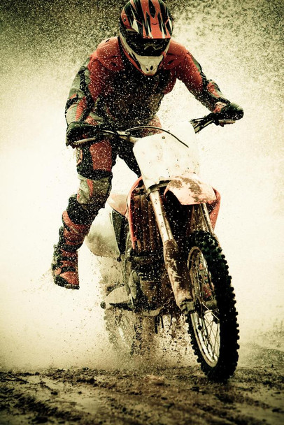Laminated Dirt Bike Rider Splashing Water Photo Art Print Poster Dry Erase Sign 24x36