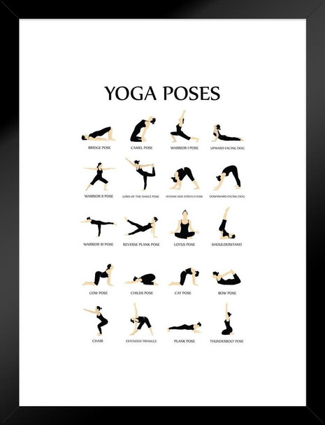 Workout Posters For Home Gym Yoga Poses Reference Chart Studio Black White Exercise Motivational Class Matted Framed Art Wall Decor 20x26