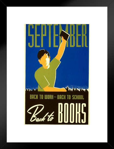 September Back To School Work Books Retro Vintage WPA Art Project Matted Framed Wall Art Print 20x26