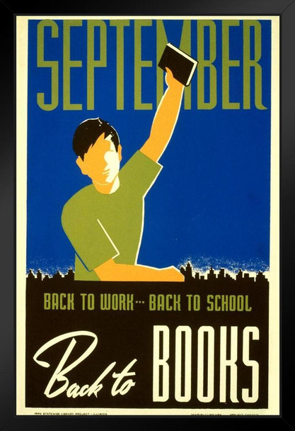 September Back To School Work Books Retro Vintage WPA Art Project Black Wood Framed Poster 14x20