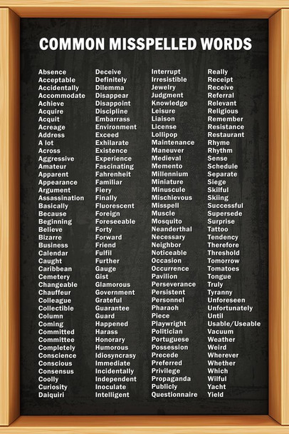 Common Misspelled Words Classroom Spelling Chart Poster Writing Reference Educational Grammar English Class Chalkboard Style Cool Huge Large Giant Poster Art 36x54