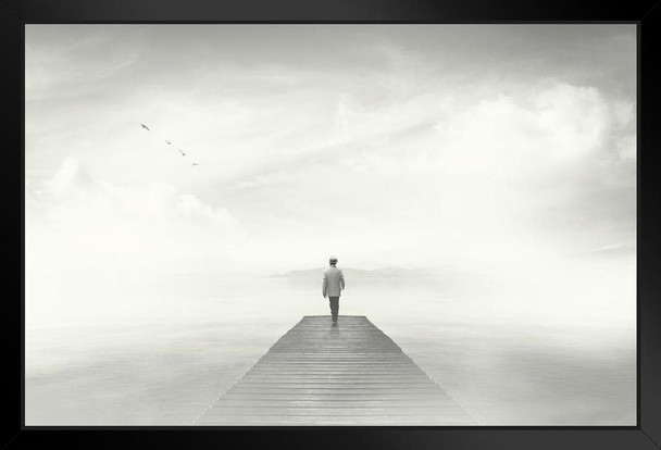 Man Walking On A Boardwalk In The Fog Photo Black Wood Framed Poster 14x20