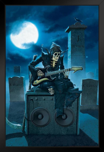 Tribute Skeleton Musician Playing Electric Guitar by Vincent Hie Art Print Black Wood Framed Poster 14x20