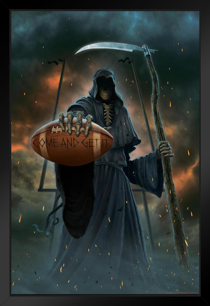 Come And Get It Grim Reaper Holding Football by Vincent Hie Fantasy Art Print Black Wood Framed Poster 14x20