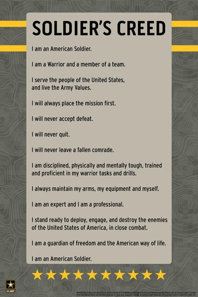 US Army Soldiers Creed I Am An American Soldier USA Army Creed Army Family Military Veteran Motivational Patriotic Officially Licensed Cool Huge Large Giant Poster Art 36x54