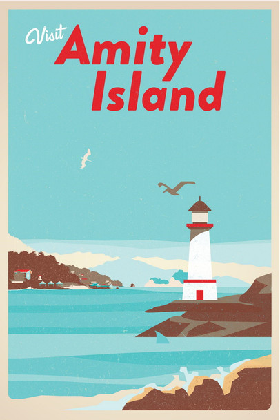 Visit Amity Island Massachusetts Fantasy Travel Retro Vintage Shark Fin Shark Attack Lighthouse Beach Cool Wall Decor Art Print Poster 12x18