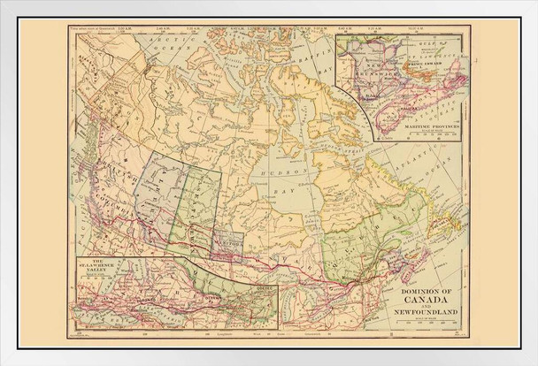 Dominion of Canada and New Foundland 1898 Antique Style Map White Wood Framed Poster 20x14