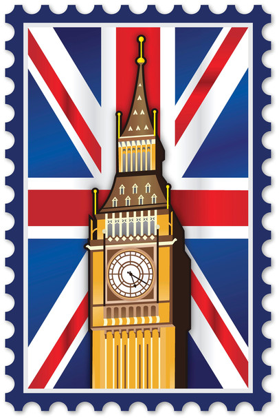 London England Big Ben Union Jack British Flag Stamp Cool Wall Decor Art Print Poster 12x18