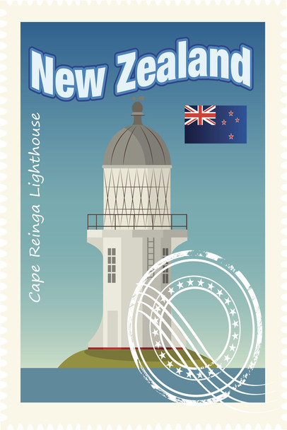 New Zealand Cape Reinga Lighthouse Travel Stamp Cool Wall Decor Art Print Poster 12x18