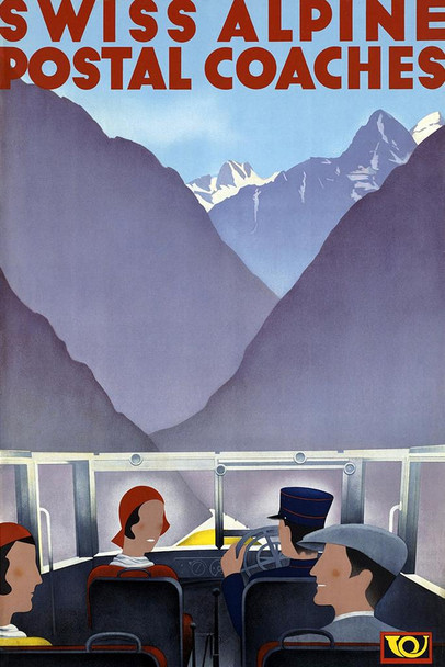 Laminated Swiss Alpine Postal Coaches Bus Driving Alps Mountains Switzerland Vintage Travel Poster Dry Erase Wall Art 24x36