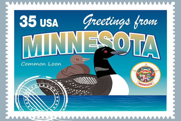 Greetings From Minnesota Common Loon Vintage Travel USA Postal Stamp Bird Animal Duck Vacation Card Midwest Cool Wall Decor Art Print Poster 18x12