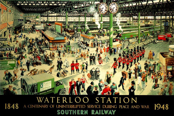 Laminated Waterloo Station London England National Rail Network Railroad Terminal 1848 100 Year Anniversary Vintage Travel Poster Dry Erase Sign 24x36