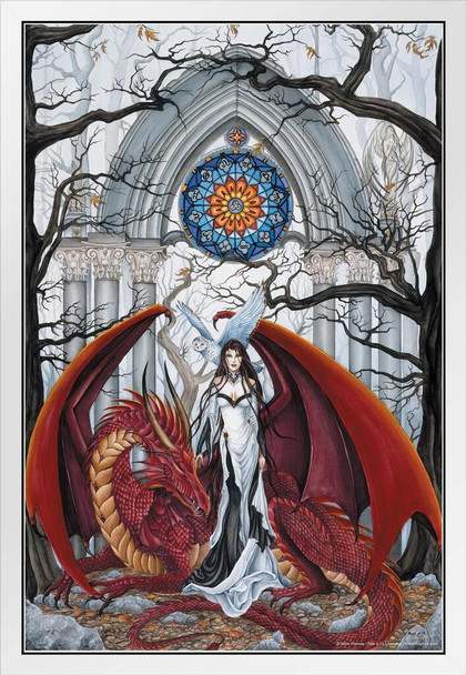 Wisdom Warrior Queen In Temple Red Dragon Owl by Nene Thomas Fantasy Poster White Wood Framed Art Poster 14x20