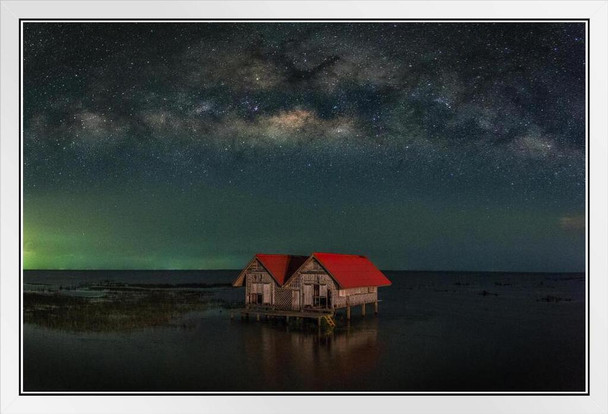 Milky Way over Abandoned House in Thailand Photo Photograph White Wood Framed Poster 20x14