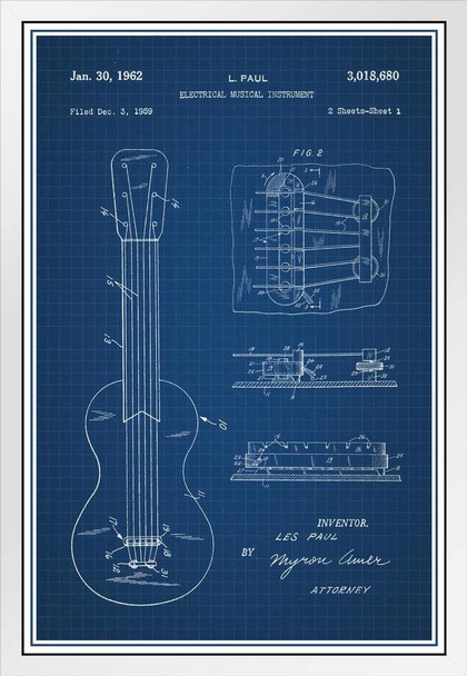 Les Paul Electric Guitar Pickup Sketch Official Patent Blueprint White Wood Framed Poster 14x20