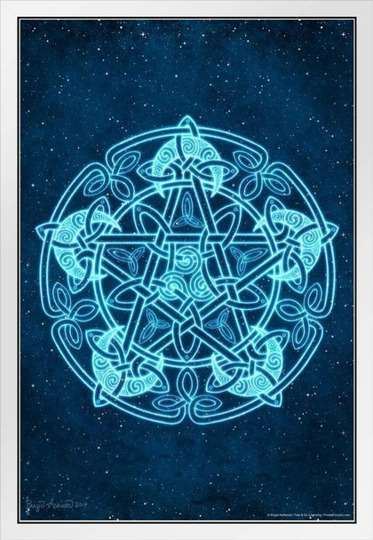 Celtic Moon Pentacle by Brigid Ashwood Fantasy Art Wall Decor Nature Tarot Illustration Celtic Ornate Wall Art Flower Knot Pattern Spiritual Art Print Decorative White Wood Framed Art Poster 14x20