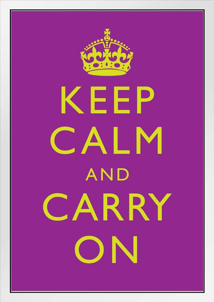 Keep Calm Carry On Motivational Inspirational WWII British Morale Purple Yellow White Wood Framed Art Poster 14x20