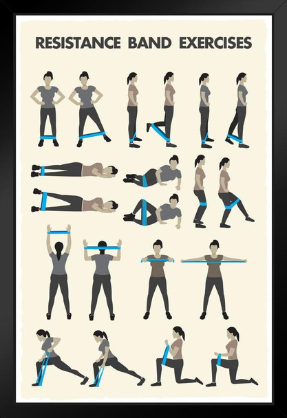 Workout Posters For Home Gym Resistance Bands Training Exercise Chart Fitness Reference Black Wood Framed Art Poster 14x20