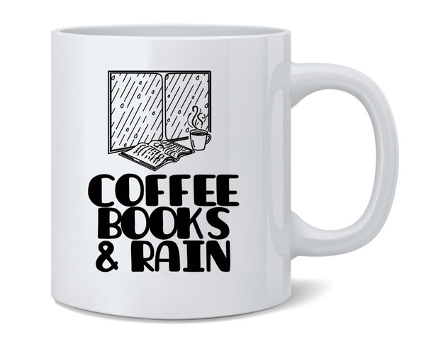 Coffee Books & Rain Reading Cozy Ceramic Coffee Mug Tea Cup Fun Novelty Gift 12 oz