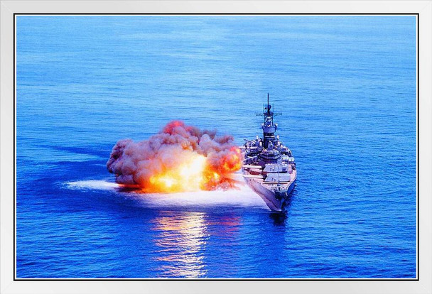 Battleship USS Iowa BB61 Firing Guns Warship At Sea Ocean Destroyer Photo Photograph White Wood Framed Art Poster 20x14