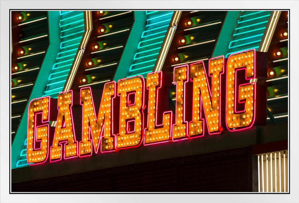 Bright Gambling Neon Sign Las Vegas Nevada Photo Photograph White Wood Framed Poster 20x14