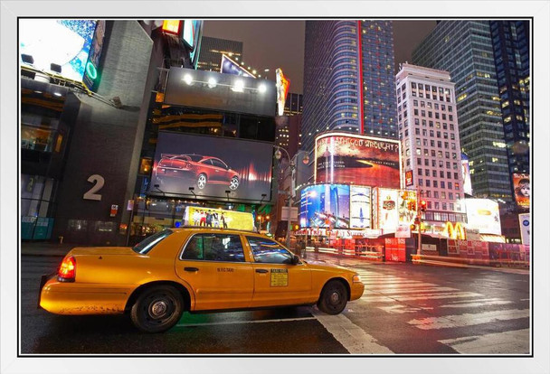 Yellow Tax Cab at Times Square New York City NYC Photo Photograph White Wood Framed Poster 20x14