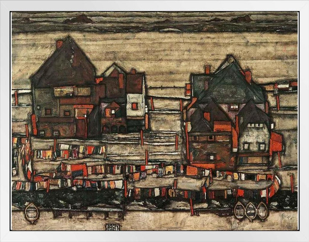 Egon Schiele Houses With Laundry Suburb Fine Art Print Schiele Wall Art Cubism Expressionism Artwork Style Abstract Symbolist Oil Painting Canvas Home Decor White Wood Framed Art Poster 14x20