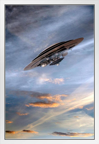UFO Flying Through The Clouds White Wood Framed Poster 14x20
