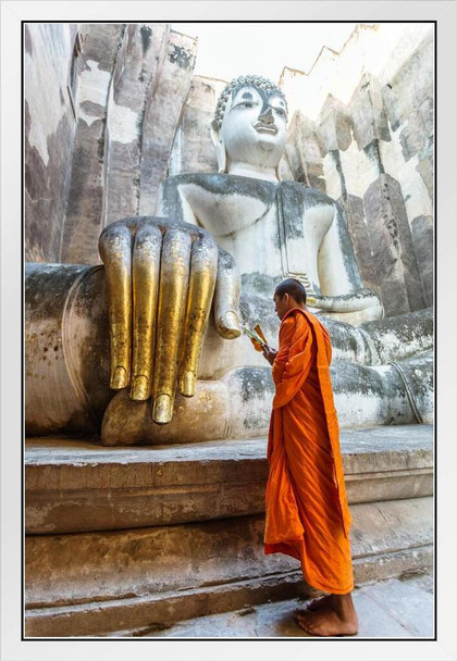 Monk Praying Near Giant Buddha Hand in Thailand Photo Photograph White Wood Framed Poster 14x20