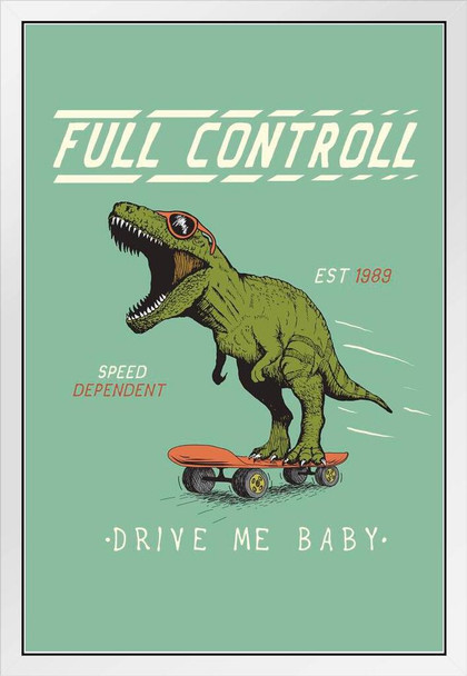 Cheerful Tyrannosaur Rides on Skateboard White Wood Framed Poster 14x20