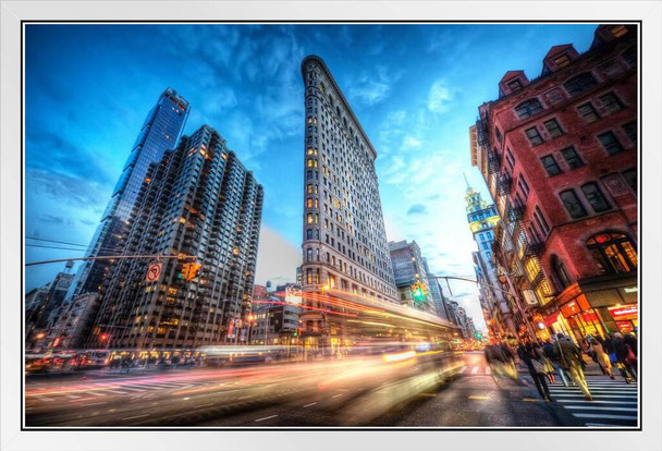 Flatiron Building New York City In Motion at Dusk Photo Photograph White Wood Framed Poster 14x20