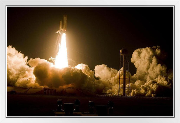 Space Shuttle Discovery Night Launch Orbiter Vehicle OV103 Spacecraft Photograph White Wood Framed Poster 14x20