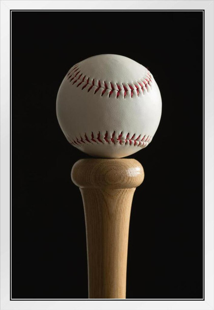 Baseball on Top of Bat Photo Photograph White Wood Framed Poster 14x20