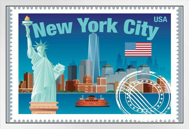 New York City NYC Manhattan Landmarks Travel Stamp White Wood Framed Poster 20x14