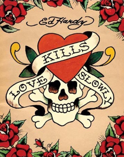 Ed Hardy Love Kills Slowly Tattoo Art Skull And Crossbone Roses Heart Cool Wall Decor Art Print Poster 16x20