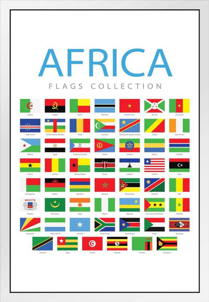 Africa Flags African Countries Country World Collection Educational Classroom Teacher Learning Homeschool Chart Display Supplies Teaching Aide White Wood Framed Art Poster 14x20