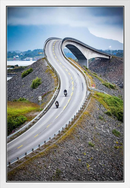 Atlantic Road Storseisundet Bridge Two Bikers On Motorcycles Photo Photograph White Wood Framed Poster 14x20